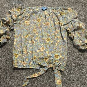 CeCe Floral Off-Shoulder Blouse - Blue and Yellow